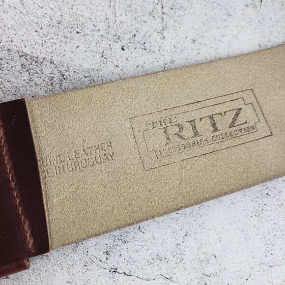 Vintage The RITZ Wide Leather Belt Brown Engraved Buckle Boho Western Whimsigoth - Picture 4 of 8